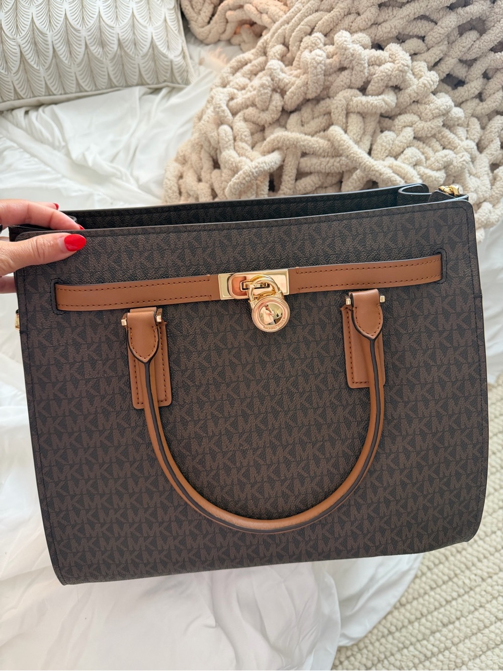 Michael Kors Dark Brown Signature Tote with Tan Trim and Gold Hardware